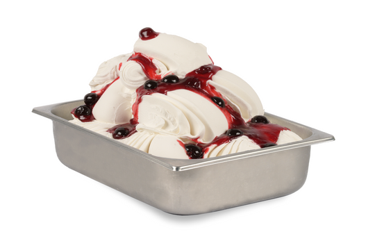 A metal container of vanilla gelato from Gelato Supply is topped with Fructital Cherry Variegate and whole berries, set against a white background.