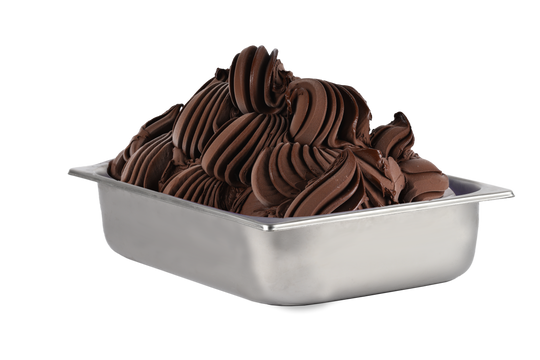 A stainless steel container filled with creamy chocolate gelato made from Gelato Supply’s Fructital Dark Chocolate Paste, displayed against a plain white background.
